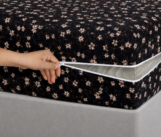 Zipper Mattress Cover Printed- White Jazmin Protectors Apricot
