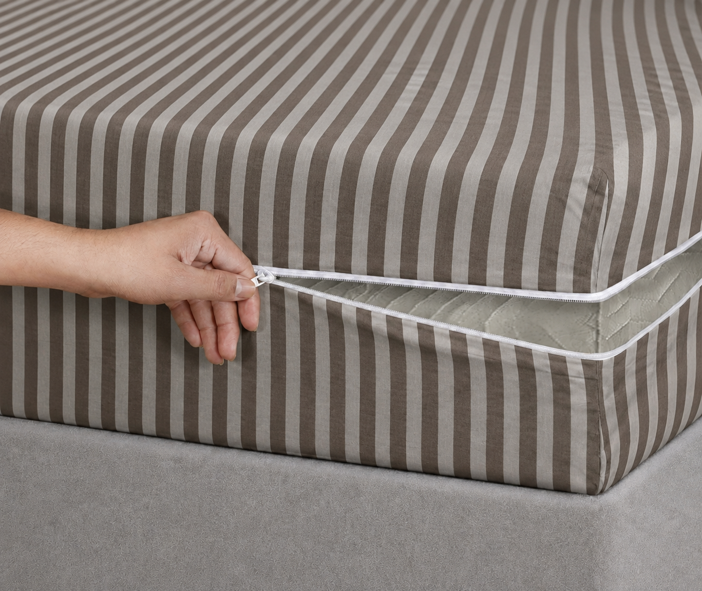Zipper Mattress Cover Printed- Brown Stripes Protectors Apricot