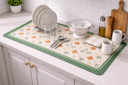 AntiSkid Dish Drying Heat & Water Protector Mat-SA-2553-Mint Flowers Rugs Apricot