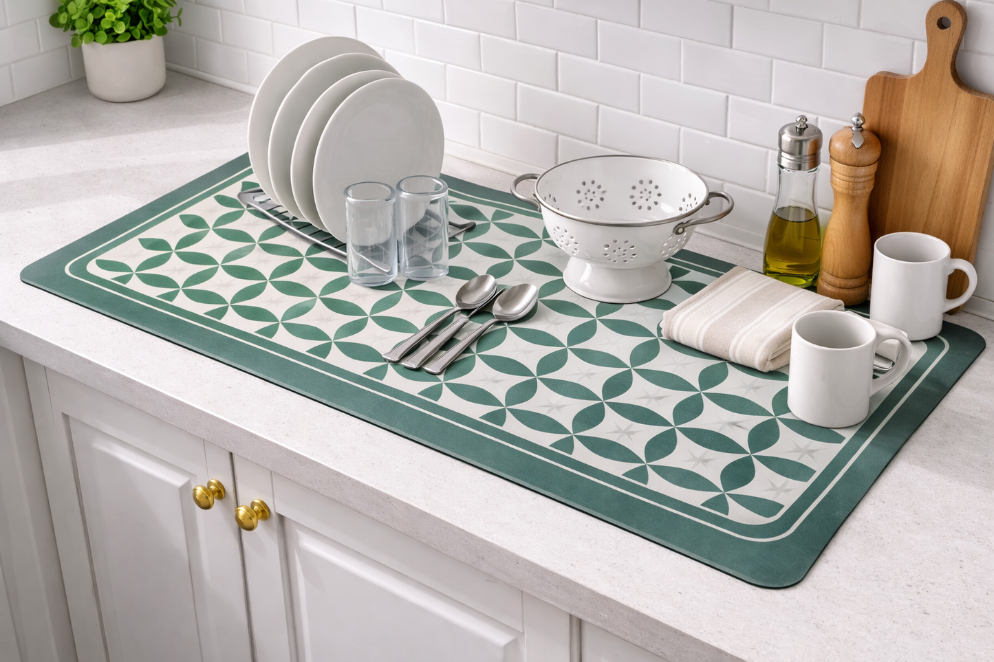 AntiSkid Dish Drying Heat & Water Protector Mat-SA-2553-Green Flowers Rugs Apricot