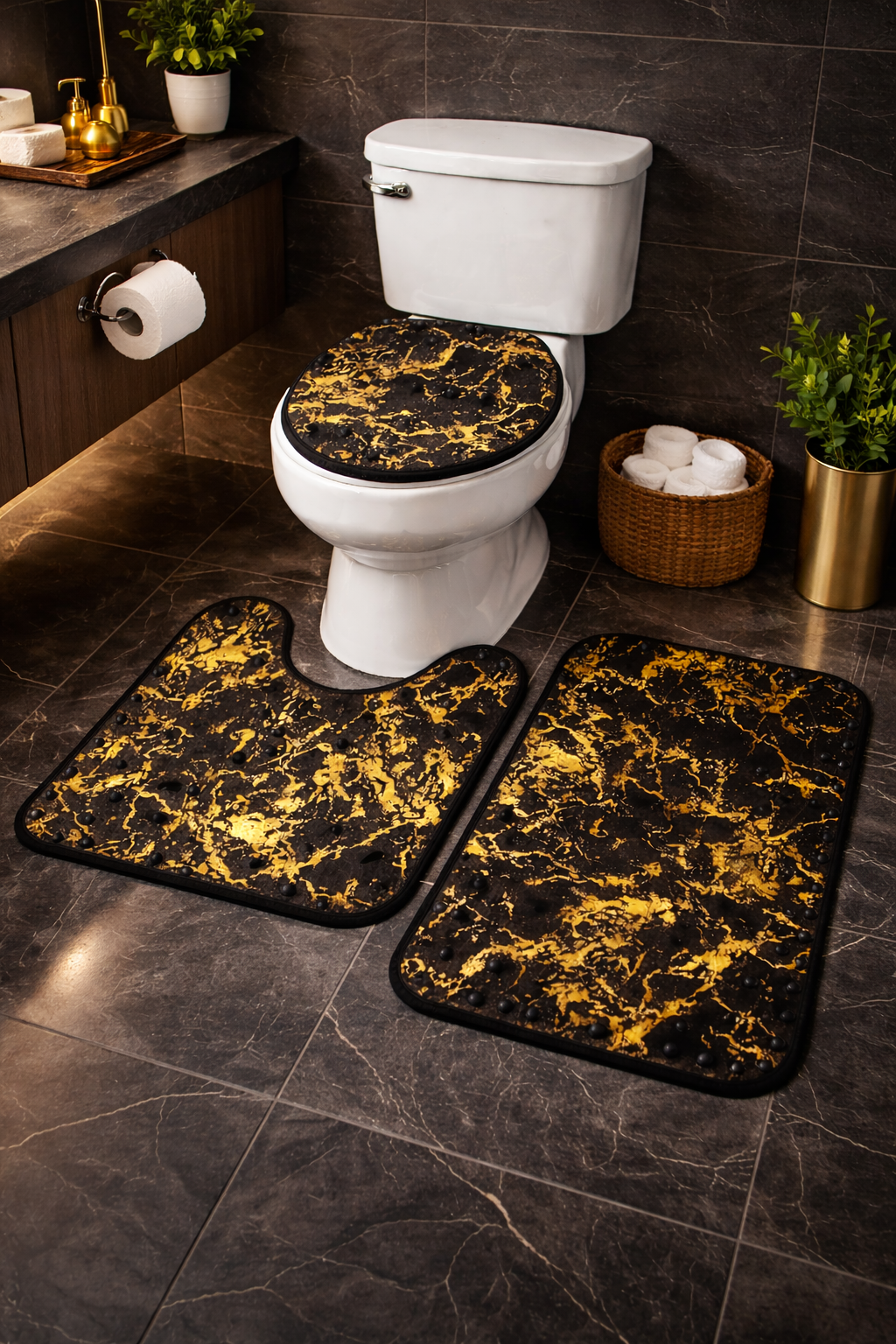 3 PCs Non Skid Suction Mat- Black Glitters Bath Mats Apricot