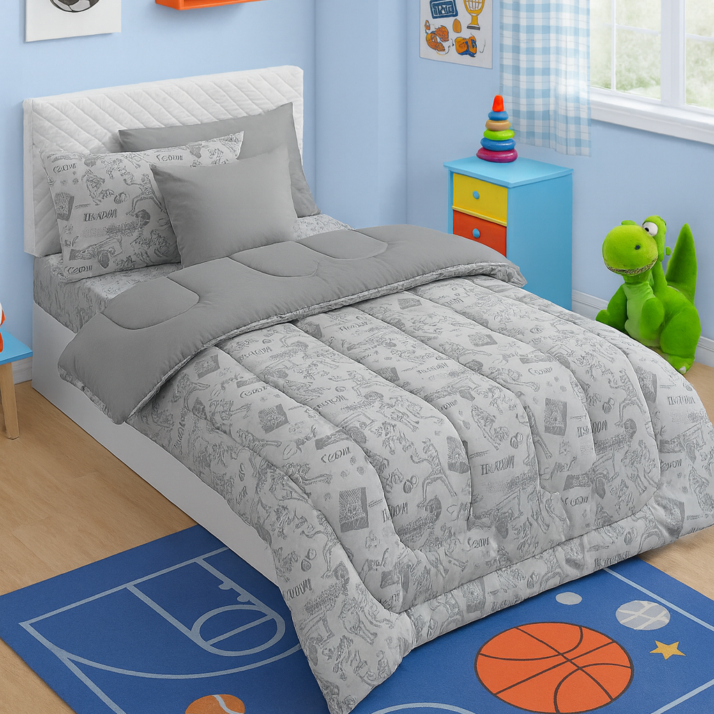 5 PCs Single Kids Razai Set-Football Ground Comforters Apricot