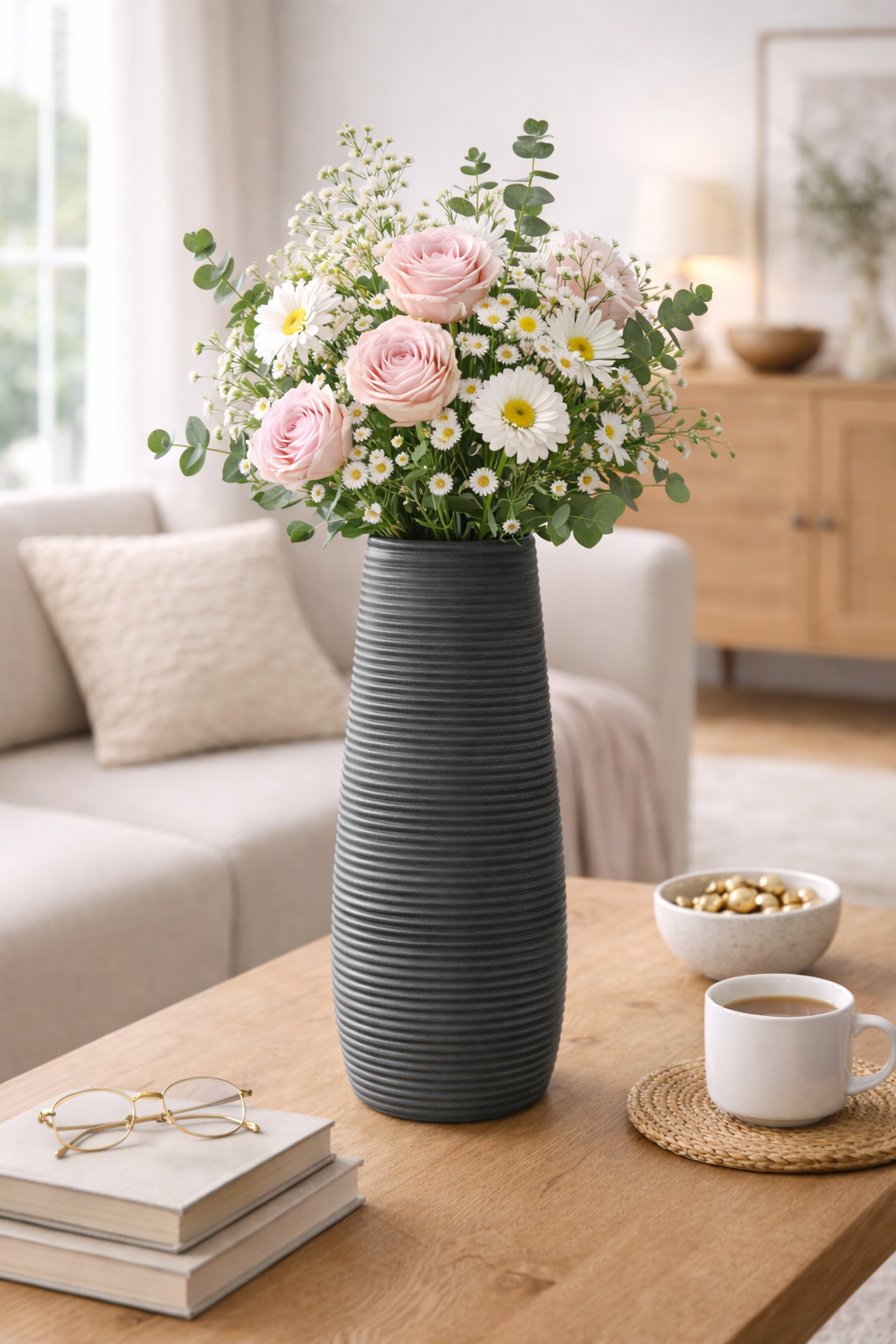 2PCs Nordic Style Vase Container (SA2510-097)Charcoal Grey Candle Stand Apricot