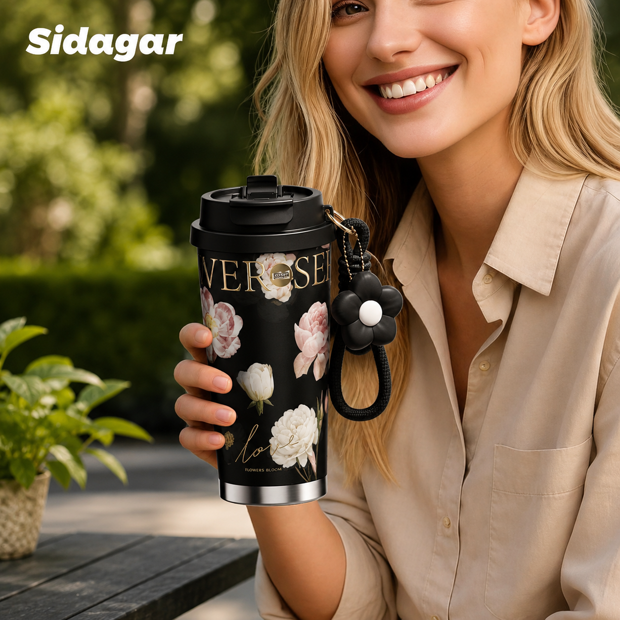 Stainless Steel Flower Coffee Mug- BLACK(WITH Charm)