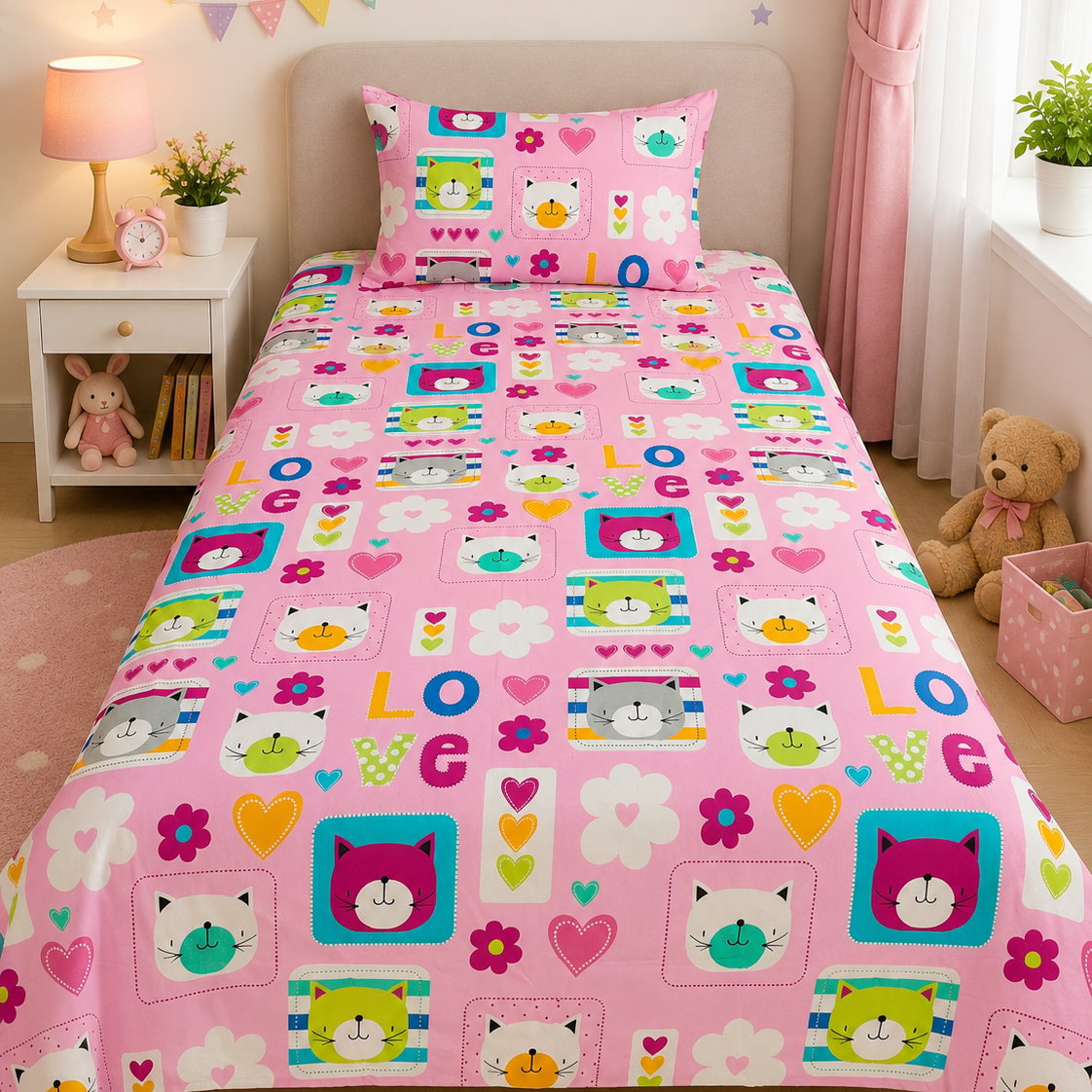 2Pcs Single Bed Sheet- Multi Heart single bed sheet Apricot