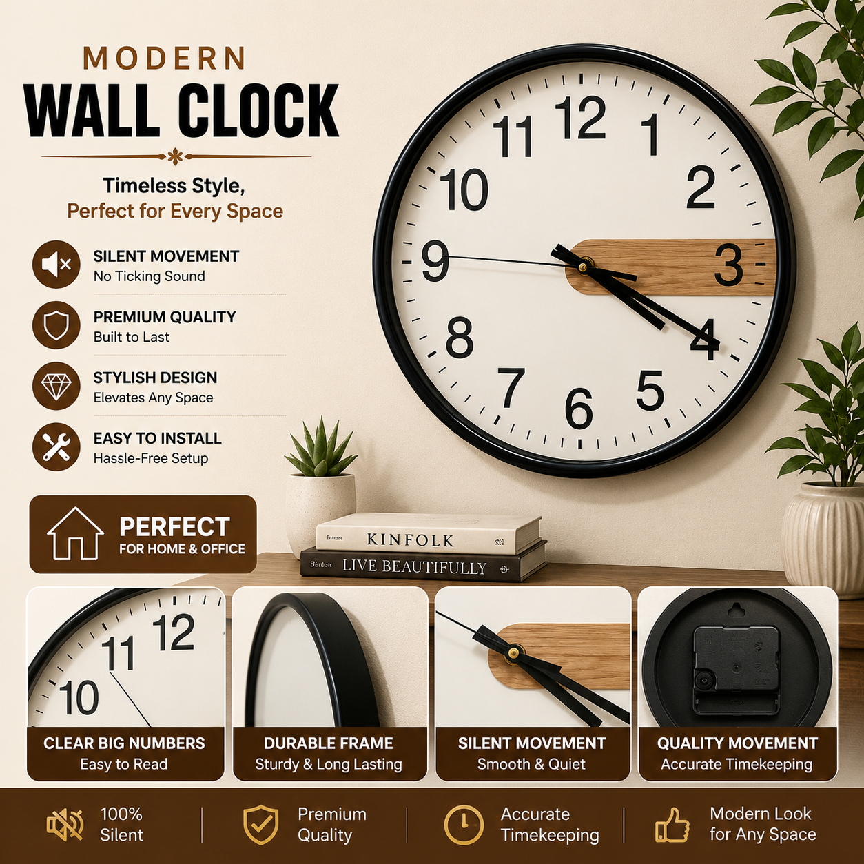 30CM Wall Clock- (SA2405-199) Black Clock Apricot