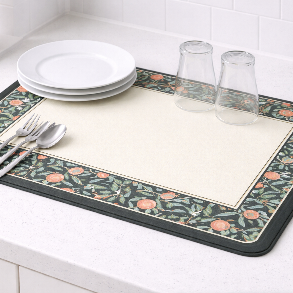 Anti Slip Dish Drying Mat-Border Flower Rugs Apricot