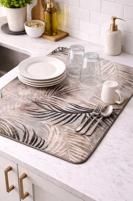 Anti Slip Dish Drying Mat-Beige Feathers