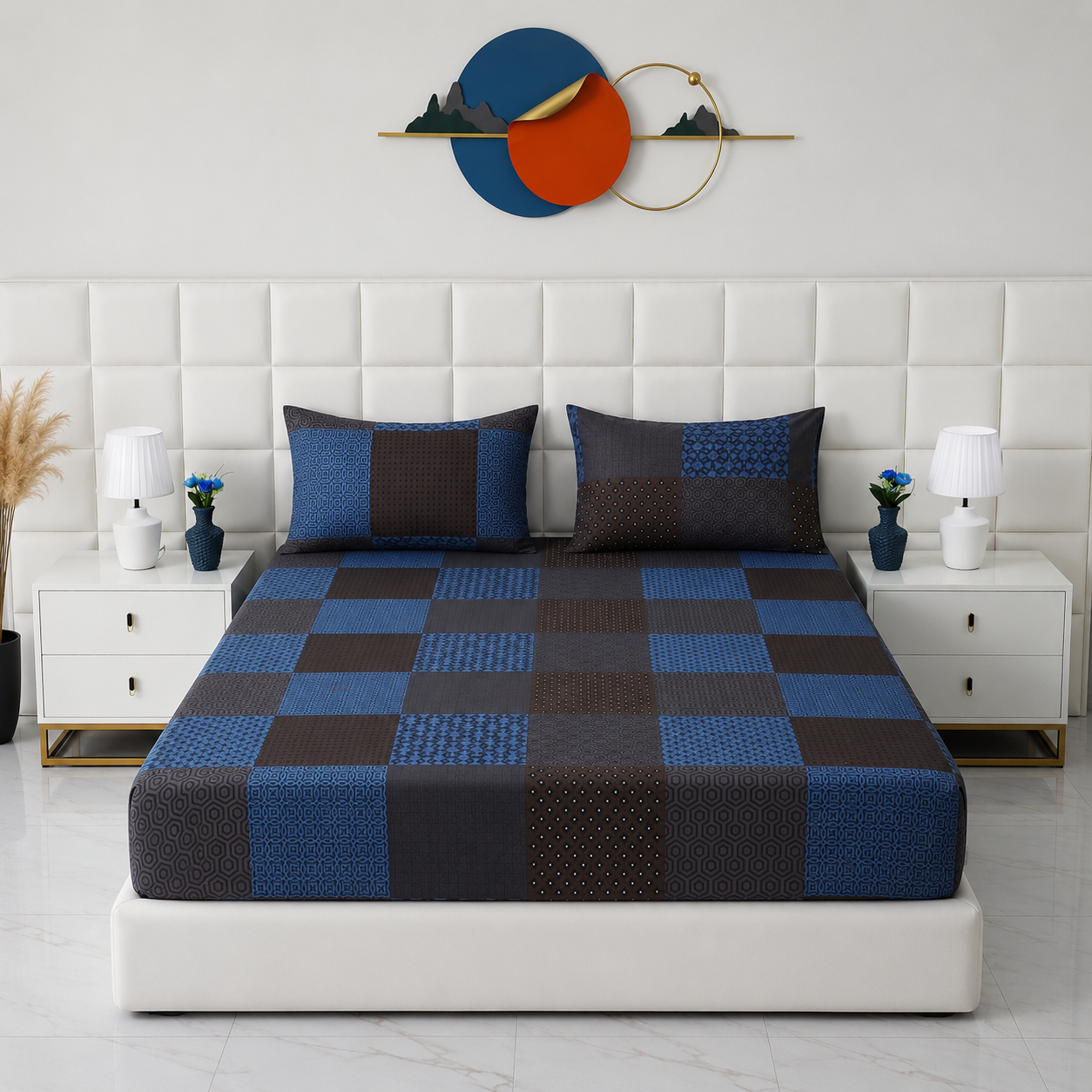 Fitted Bed Sheet- Indigo Patchwork Fitted Sheets Apricot