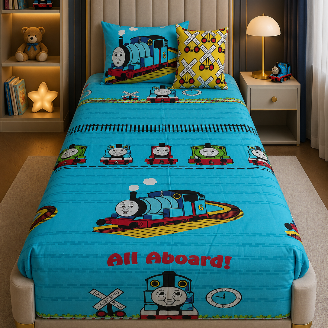 2Pcs Digital Printed Single Bed Sheet- Train single bed sheet Apricot