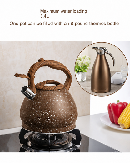 Stainless Steel One Touch Button Whistle Teapot with Anti Scalding Handle- Brown Texture Apricot