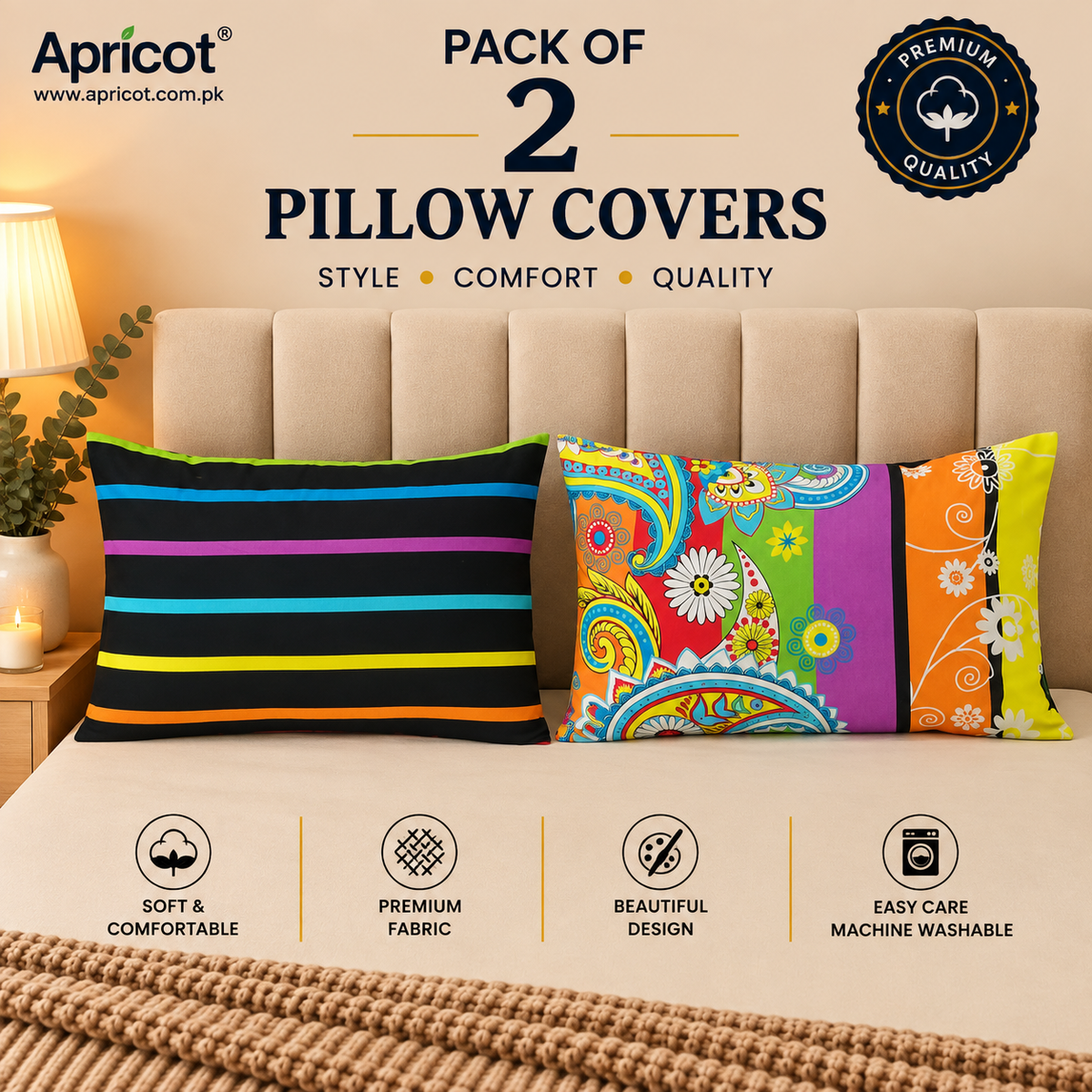 Printed Pillow Covers Pack of 2- PC00142 cushions Apricot