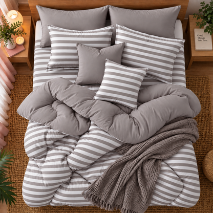 8 PCs Winter Razai Set- Beige Stripes