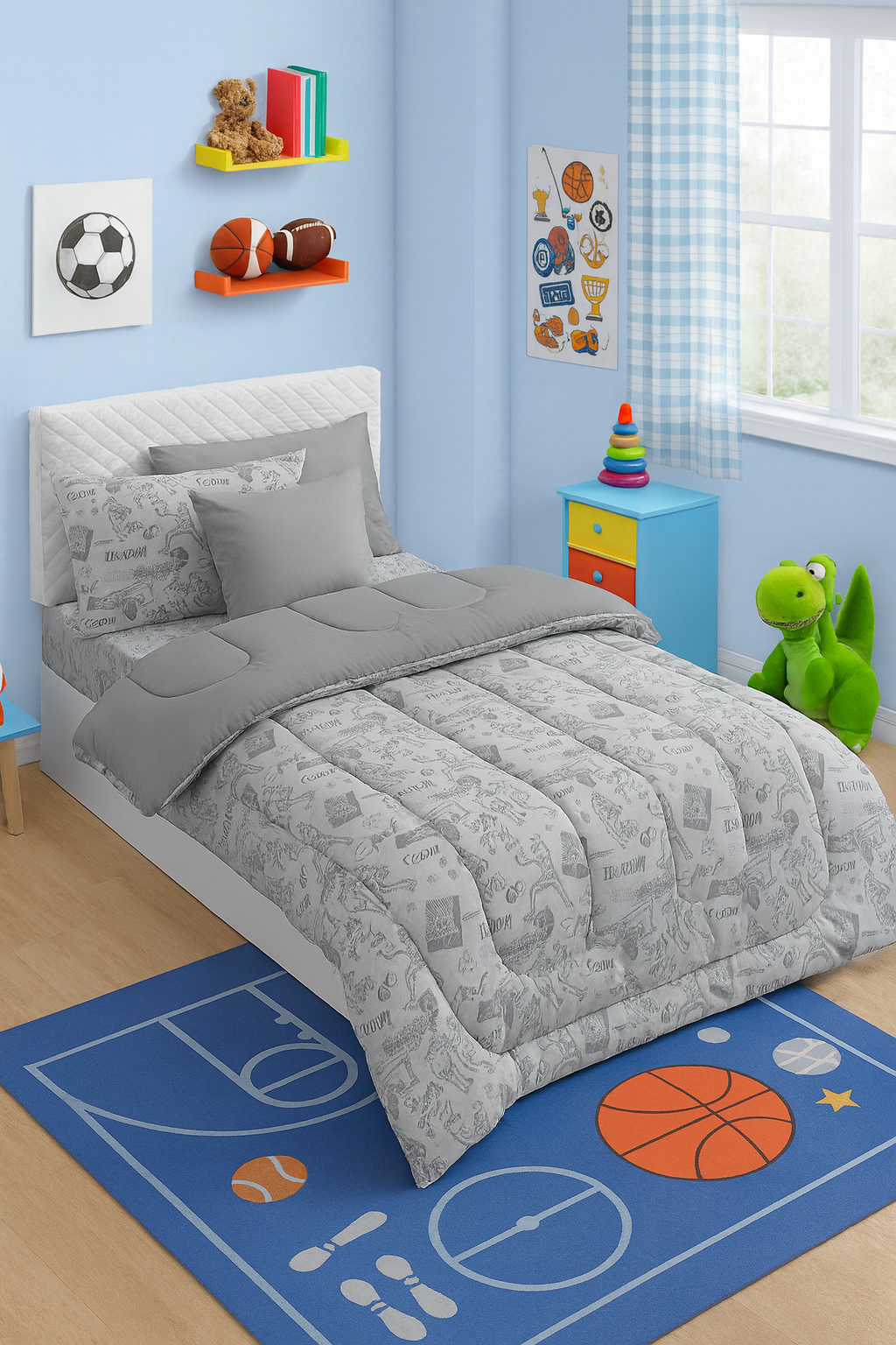 5 PCs Single Kids Razai Set-Football Ground Comforters Apricot