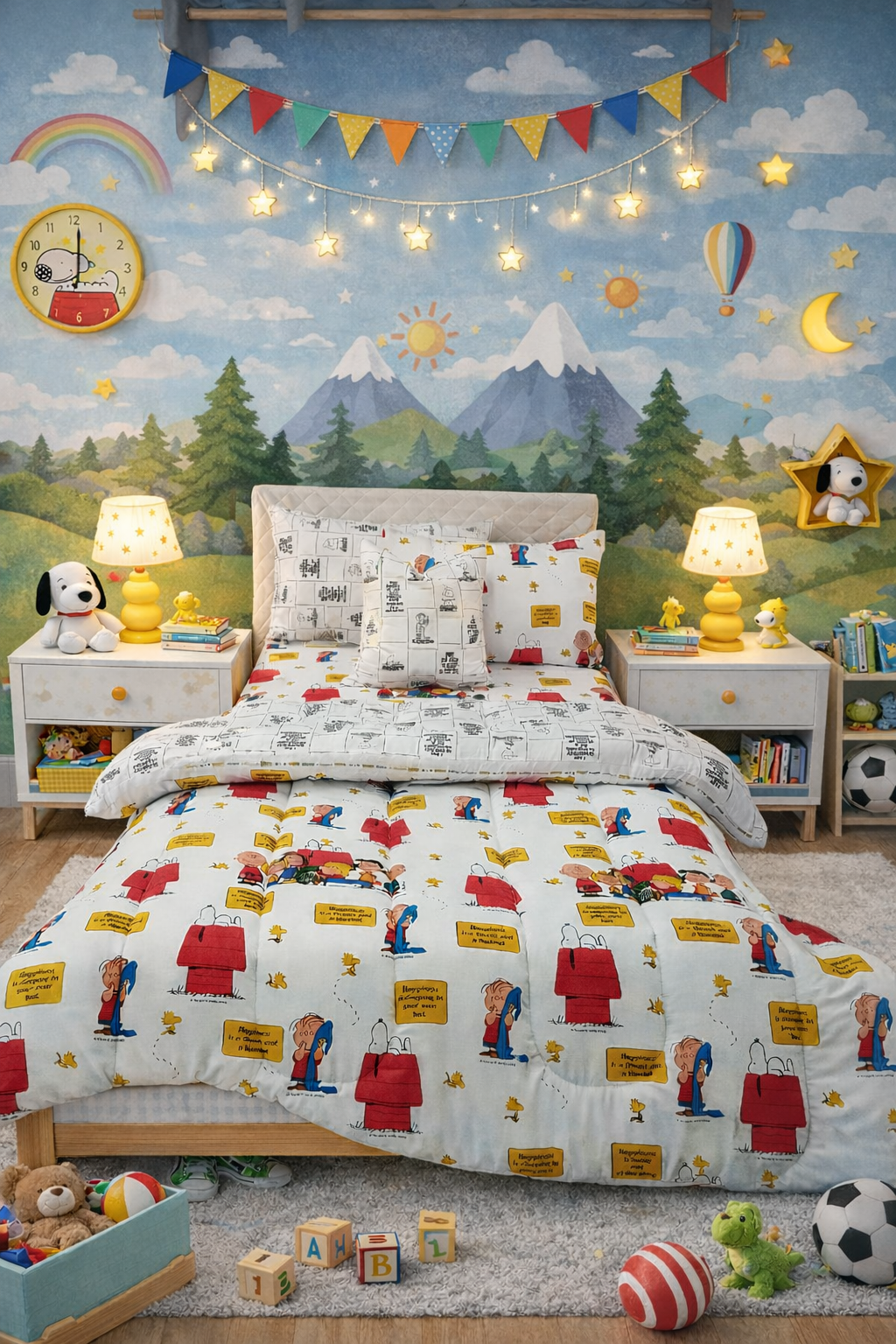 5 PCs Single Kids Razai Set-Peanuts Gang Comforters Apricot