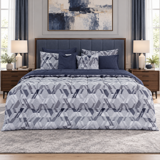 8 PCs Winter Razai Set-Grey Triangles Comforters Apricot