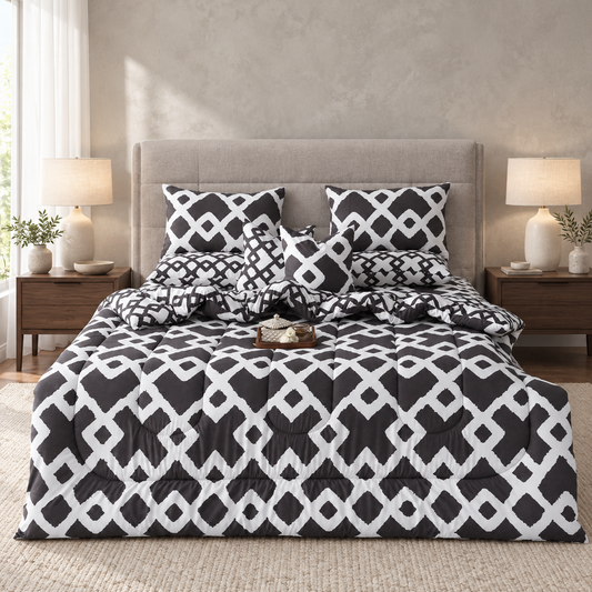 8 PCs Winter Razai Set-Grey Diamond Comforters Apricot
