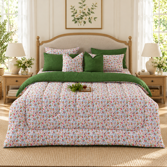 8 PCs Winter Razai Set-Green Hellebore Comforters Apricot