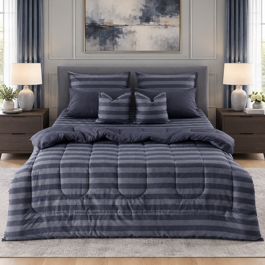 8 PCs Winter Razai Set-Charcoal Stripes Comforters Apricot
