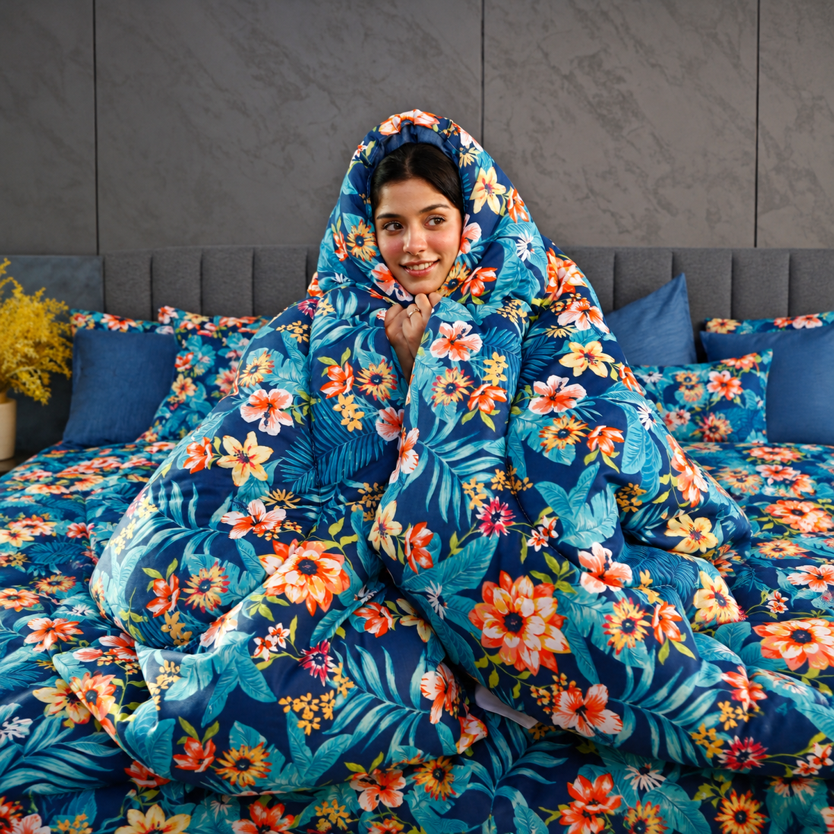 8 PCs Premium Winter Razai Set- Tropical Tide Comforters Apricot