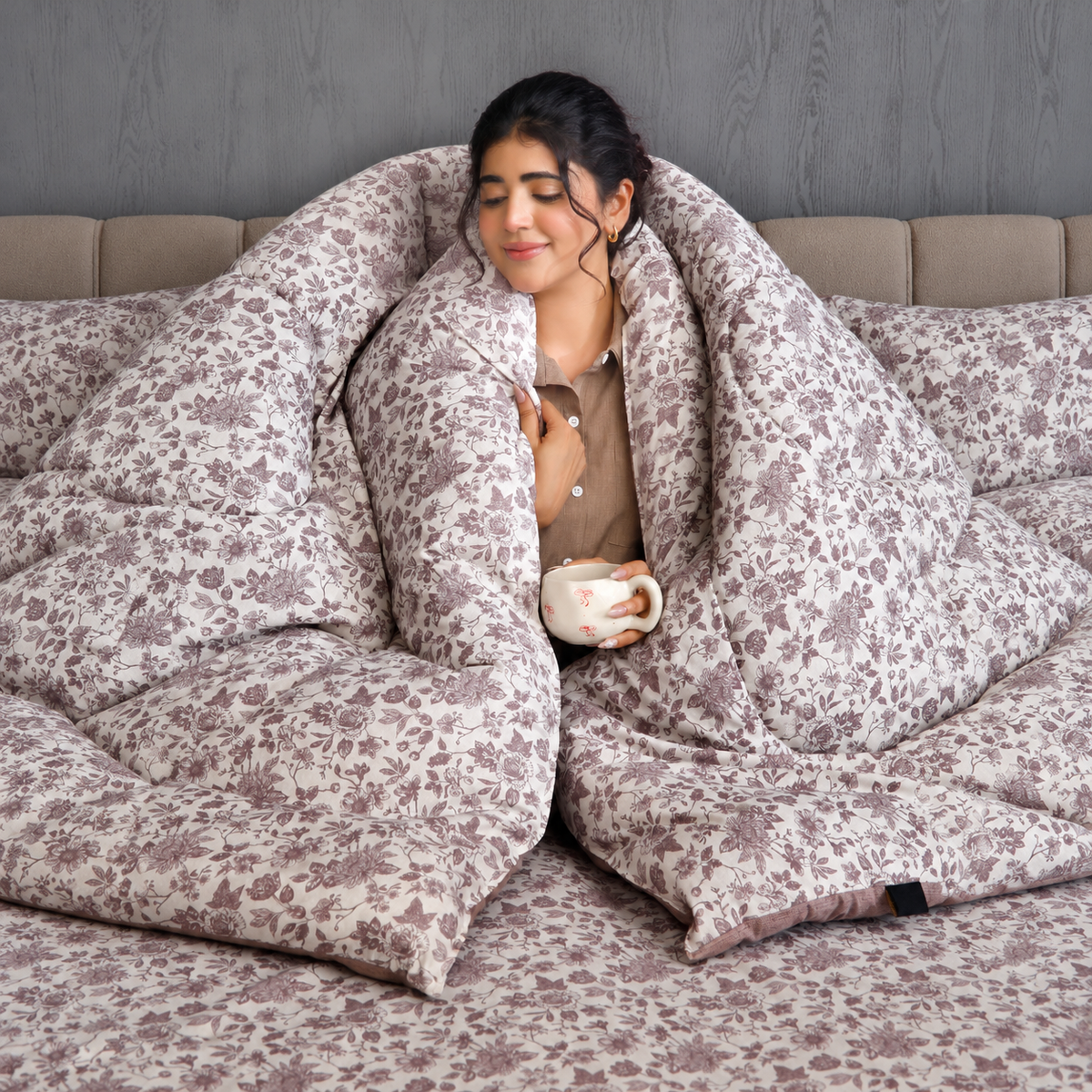 8 PCs Premium Winter Razai Set- Floral whisper Comforters Apricot