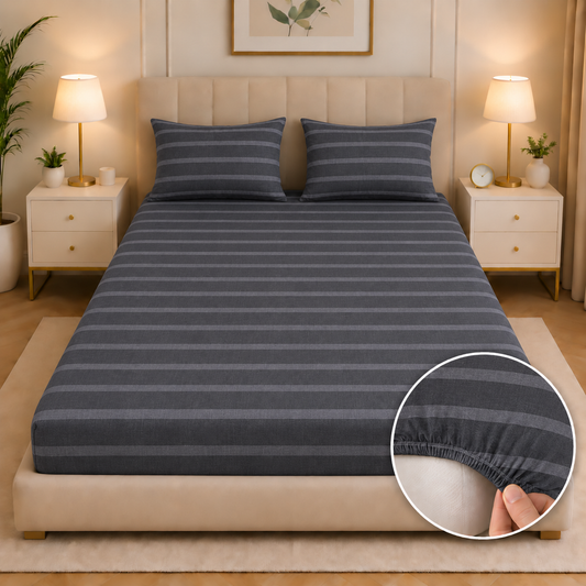 Fitted Bed Sheet- Ash Grey Stripes Fitted Sheets Apricot