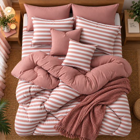 8 PCs Winter Razai Set- Rose Pink Stripes Comforters Apricot