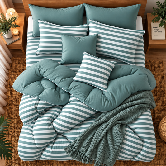8 PCs Winter Razai Set- Green Stripes Comforters Apricot