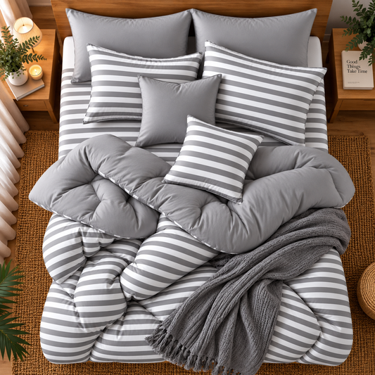 8 PCs Winter Razai Set- Grey Stripes Comforters Apricot