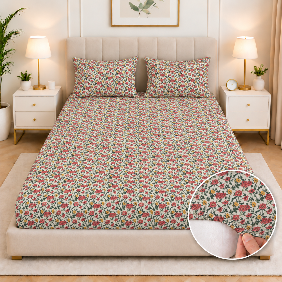 Percale Cotton Fitted Bed Sheet- Ivory Garden Fitted Sheets Apricot