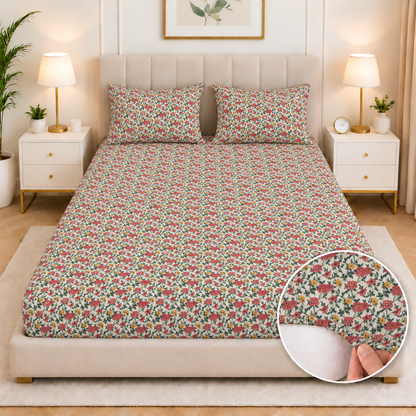 Percale Cotton Fitted Bed Sheet- Ivory Garden Fitted Sheets Apricot