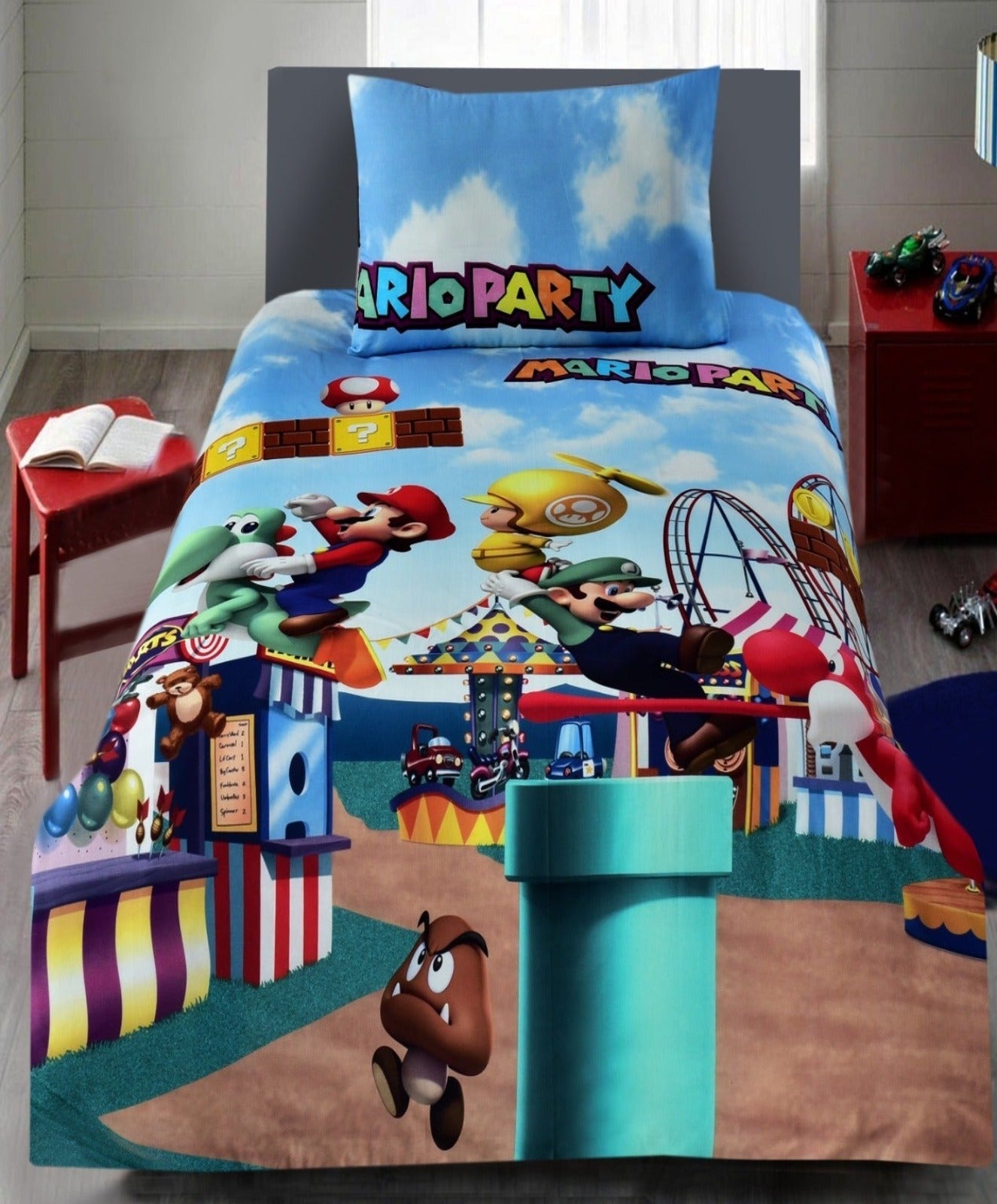 Digital Printed Junior Single Bed Sheet(4203)-Mario Party kids Bed Sheet Apricot   