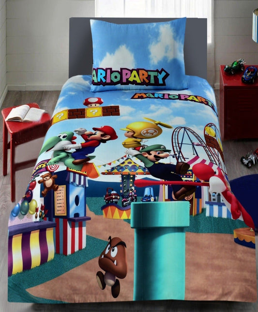 Digital Printed Junior Single Bed Sheet(4203)-Mario Party kids Bed Sheet Apricot   