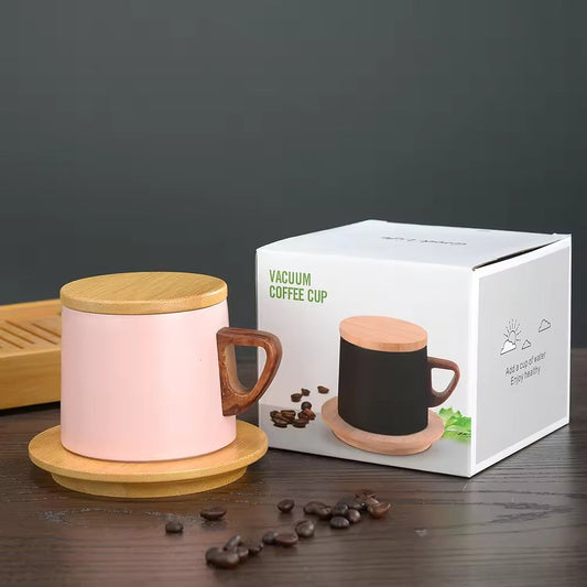 Vacuum Insulated Coffee Cup with Wooden Lid & Mat- Pink Coffee Cup Apricot