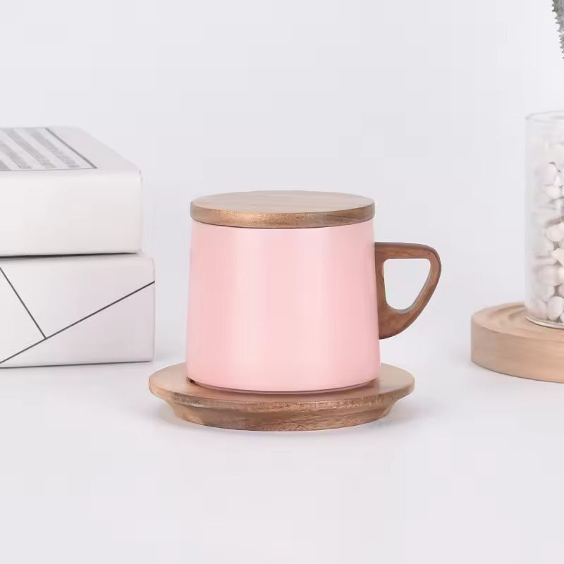 Vacuum Insulated Coffee Cup with Wooden Lid & Mat- Pink Coffee Cup Apricot