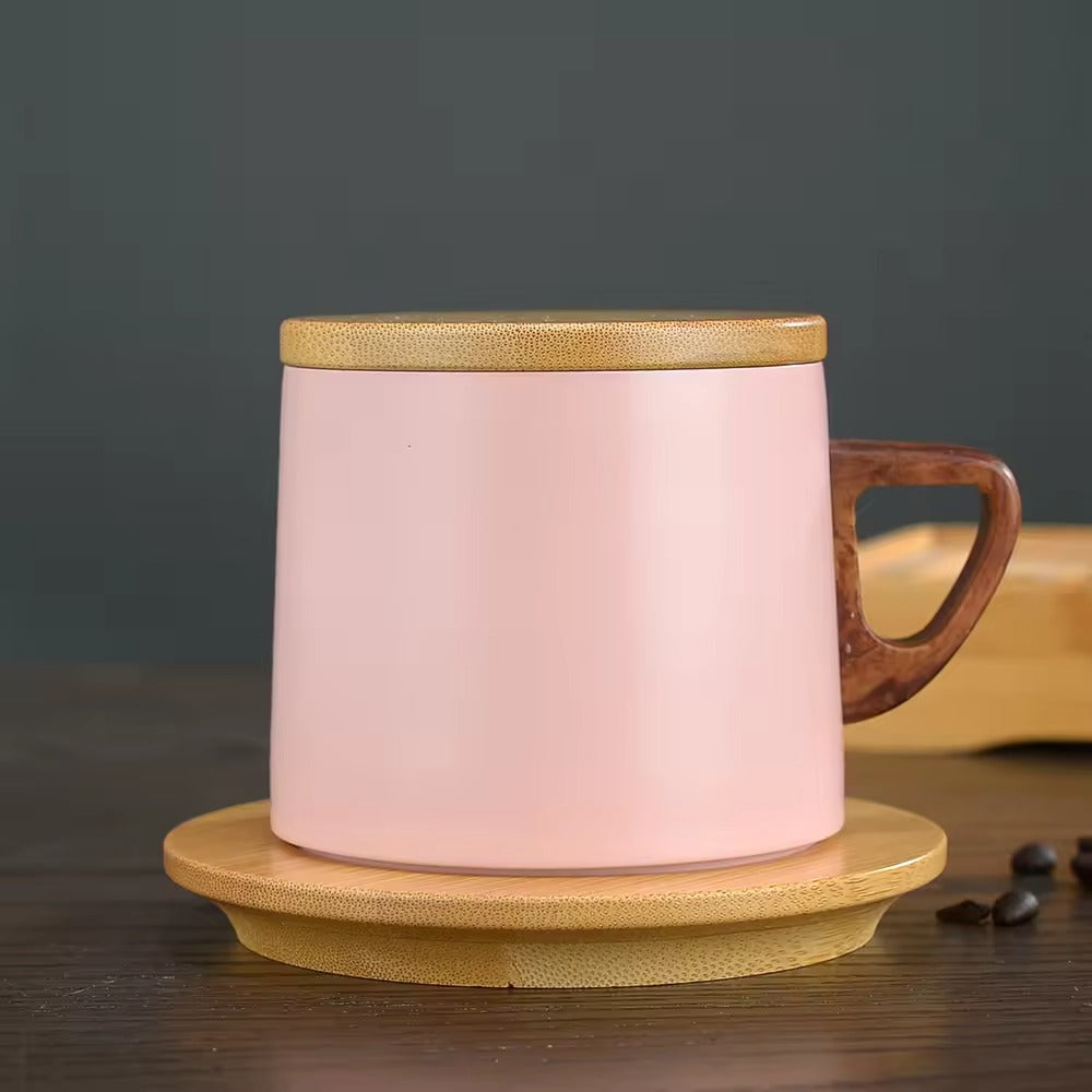 Vacuum Insulated Coffee Cup with Wooden Lid & Mat- Pink Coffee Cup Apricot