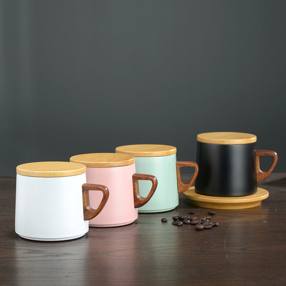 Vacuum Insulated Coffee Cup with Wooden Lid & Mat-White Coffee Cup Apricot