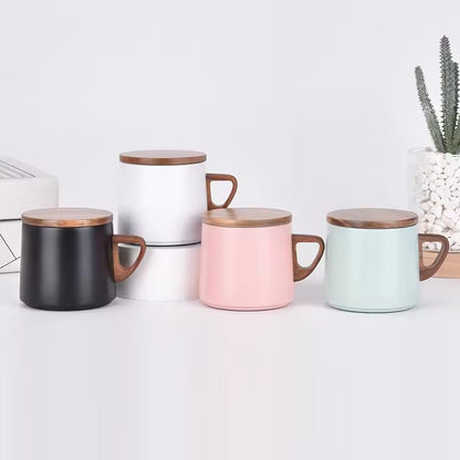 Vacuum Insulated Coffee Cup with Wooden Lid & Mat-White Coffee Cup Apricot