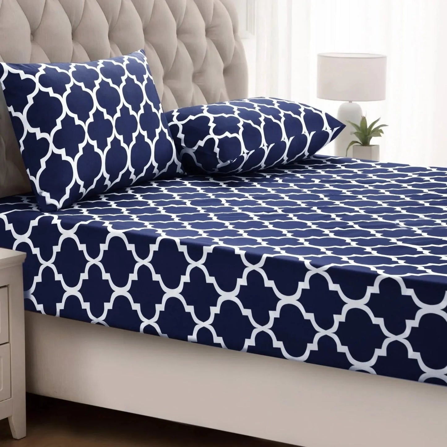 Fitted Bed Sheet-Blue Geometric Fitted Sheets Apricot   