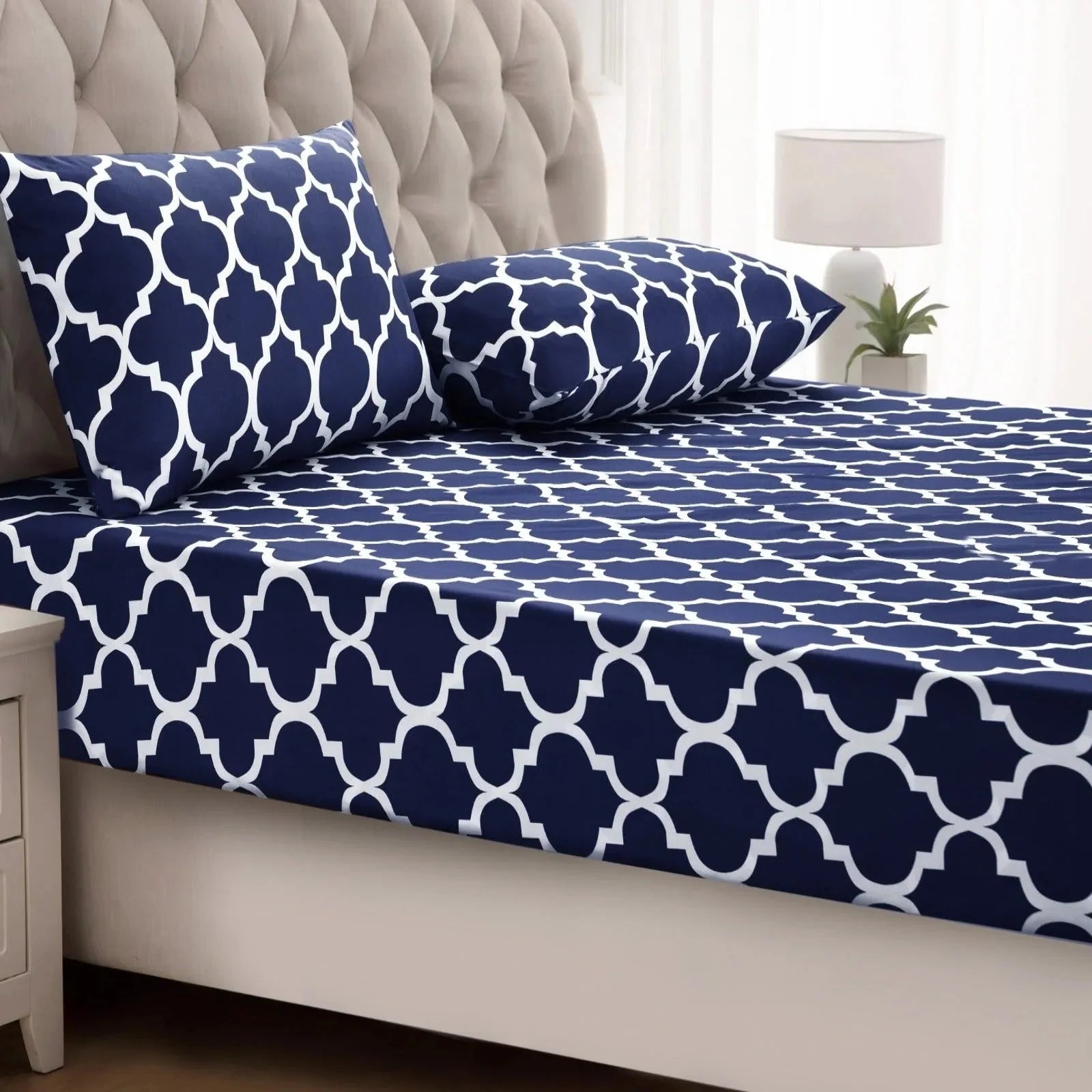 Fitted Bed Sheet-Blue Geometric Fitted Sheets Apricot   