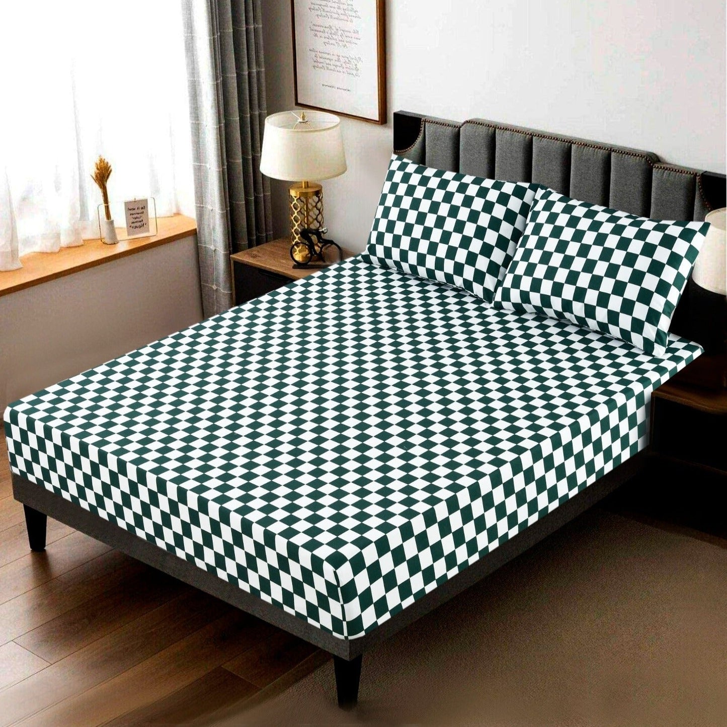 Fitted Bed Sheet-Green Chess Fitted Sheets Apricot   