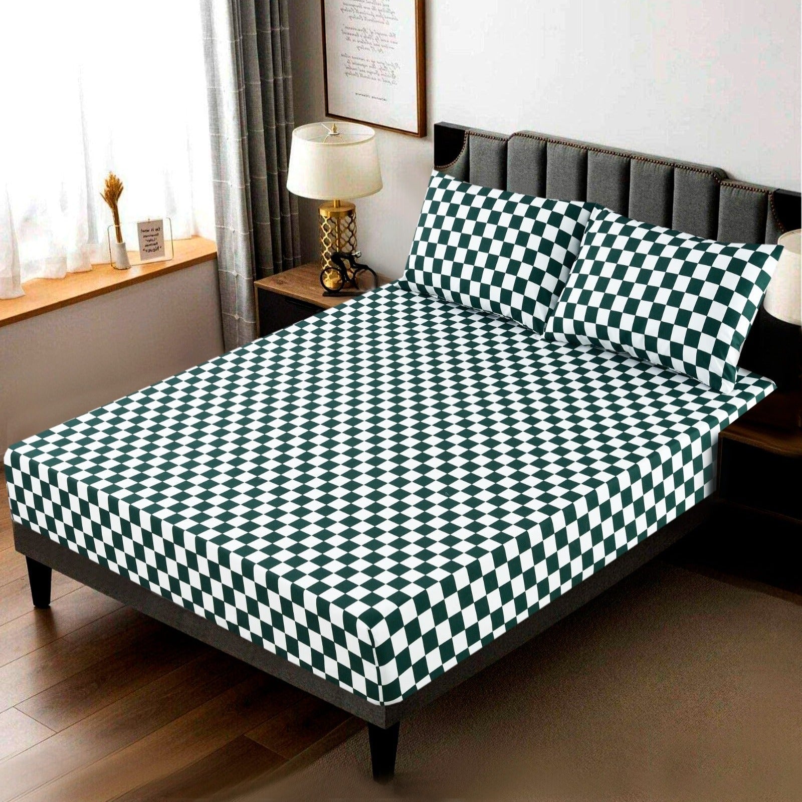 Fitted Bed Sheet-Green Chess Fitted Sheets Apricot   