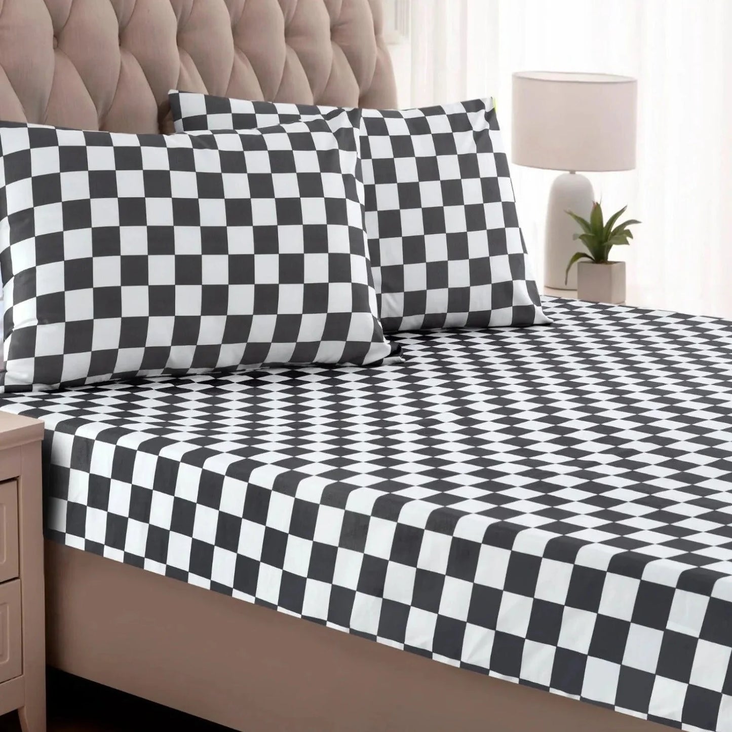 3 PCs Double Bed Sheet-Grey Chess Bed Sheets Apricot