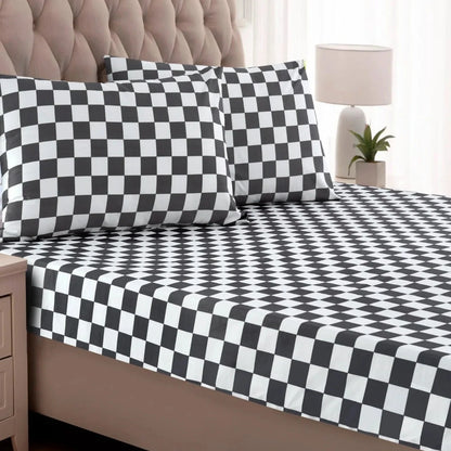 3 PCs Double Bed Sheet-Grey Chess Bed Sheets Apricot
