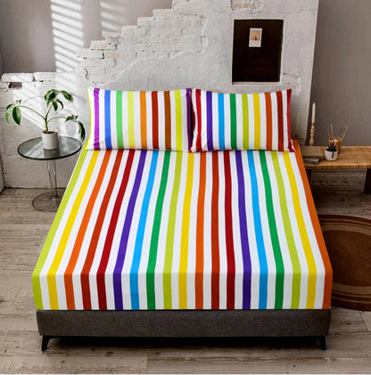 3 PCs Double Bed Sheet -Multi Stripes
