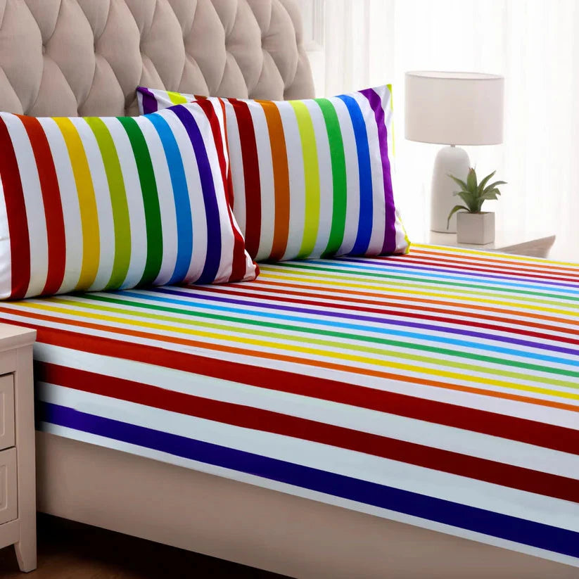 3 PCs Double Bed Sheet -Multi Stripes