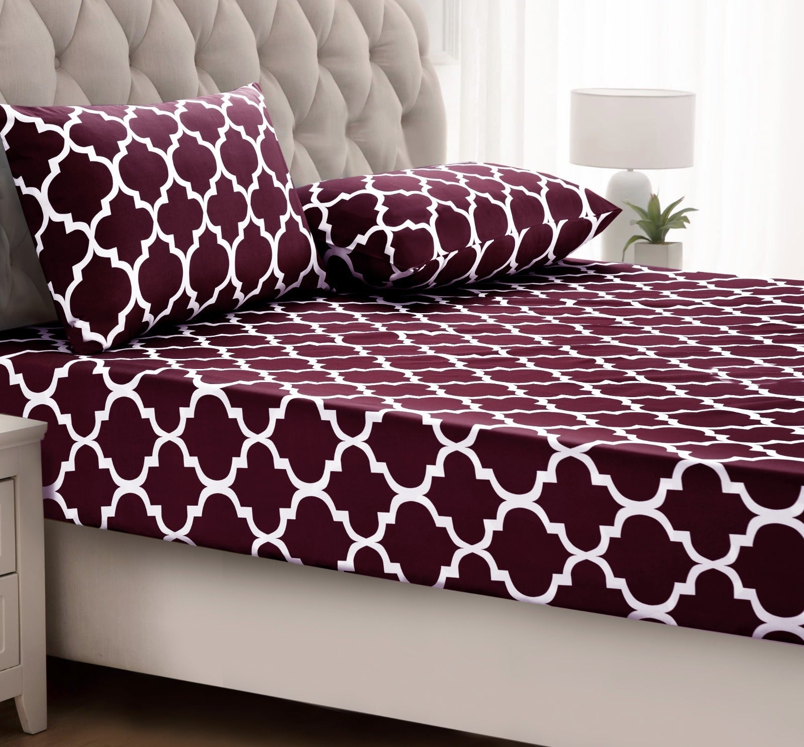 Fitted Bed Sheet-Plum Geometric Fitted Sheets Apricot   