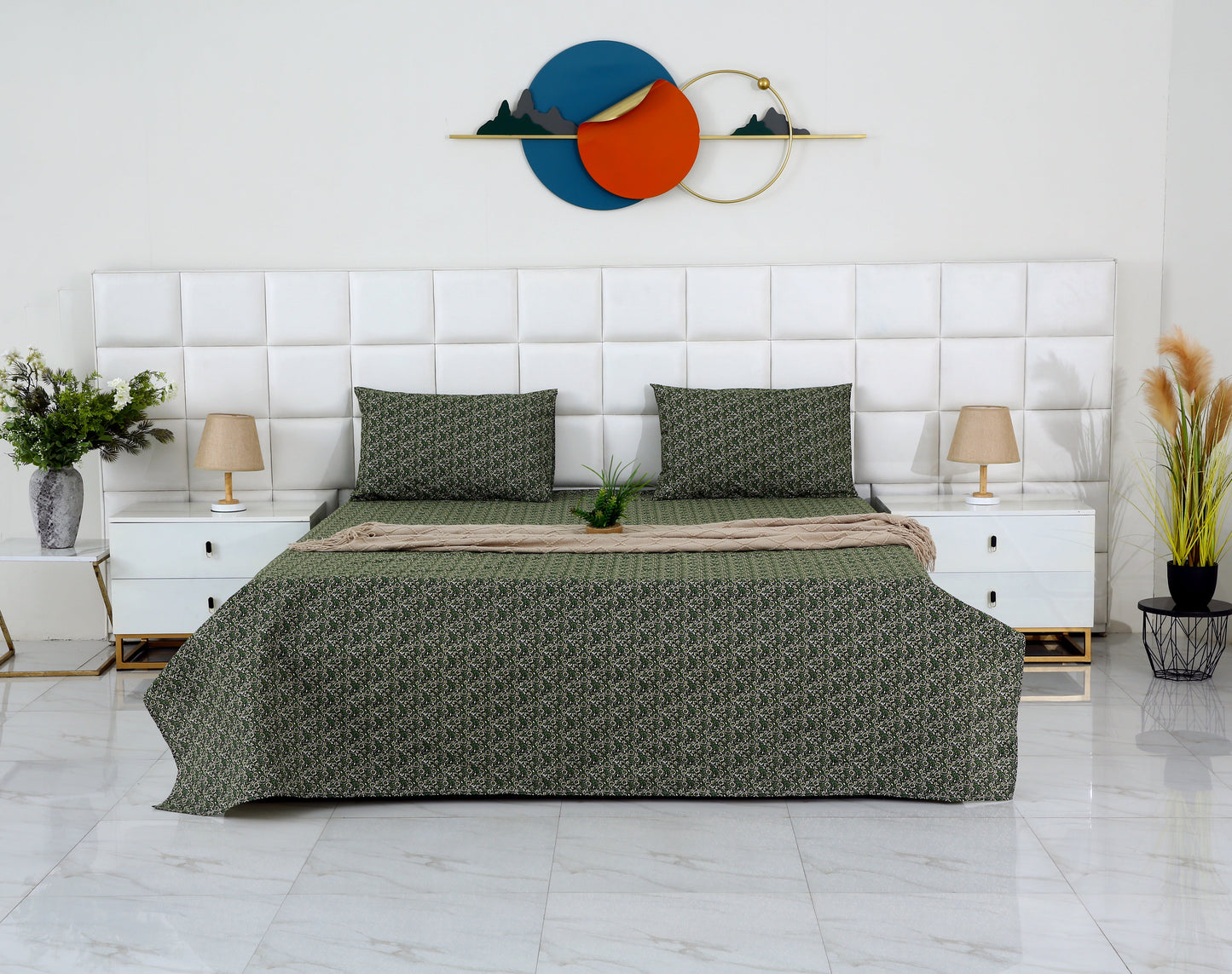 3 PCs Double Bed Sheet-Emerald Flowers Bed Sheets Apricot