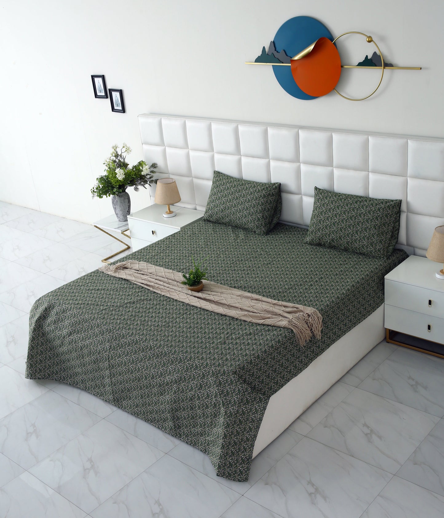 3 PCs Double Bed Sheet-Emerald Flowers Bed Sheets Apricot