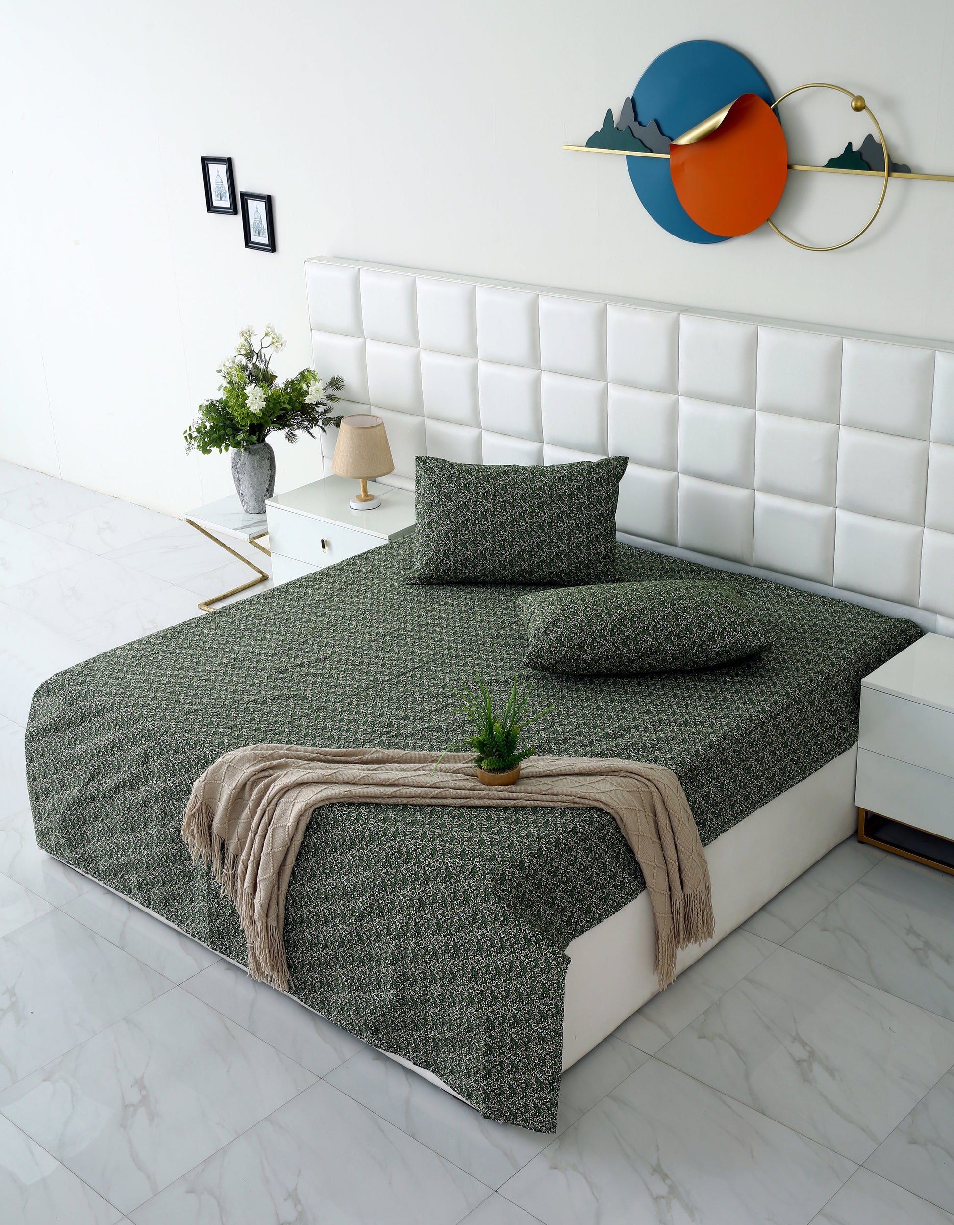 3 PCs Double Bed Sheet-Emerald Flowers Bed Sheets Apricot